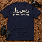 Navy We Went For A Ride T-Shirt with a side-by-side on a winding pine trail and Came Back With A Story tagline — Tire Time Offroad ATV/UTV tee