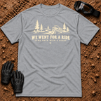 Sport Grey We Went For A Ride T-Shirt with a side-by-side on a winding pine trail and Came Back With A Story tagline — Tire Time Offroad ATV/UTV tee