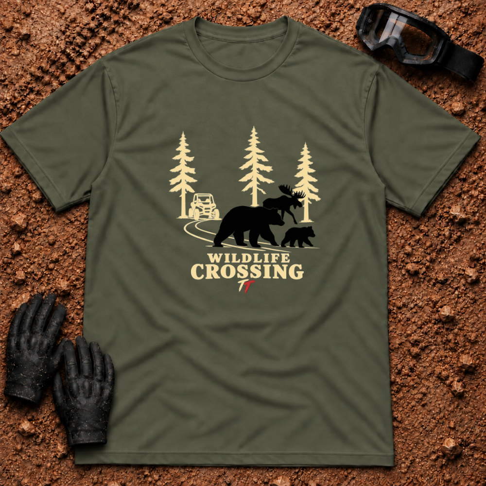 Wildlife Crossing t-shirt in Military Green - Tire Time Offroad ATV & UTV trail tee