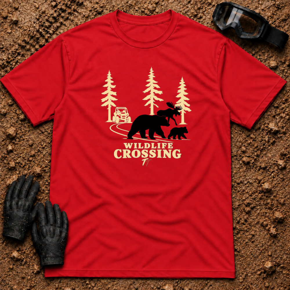 Wildlife Crossing t-shirt in Red - Tire Time Offroad ATV & UTV trail tee